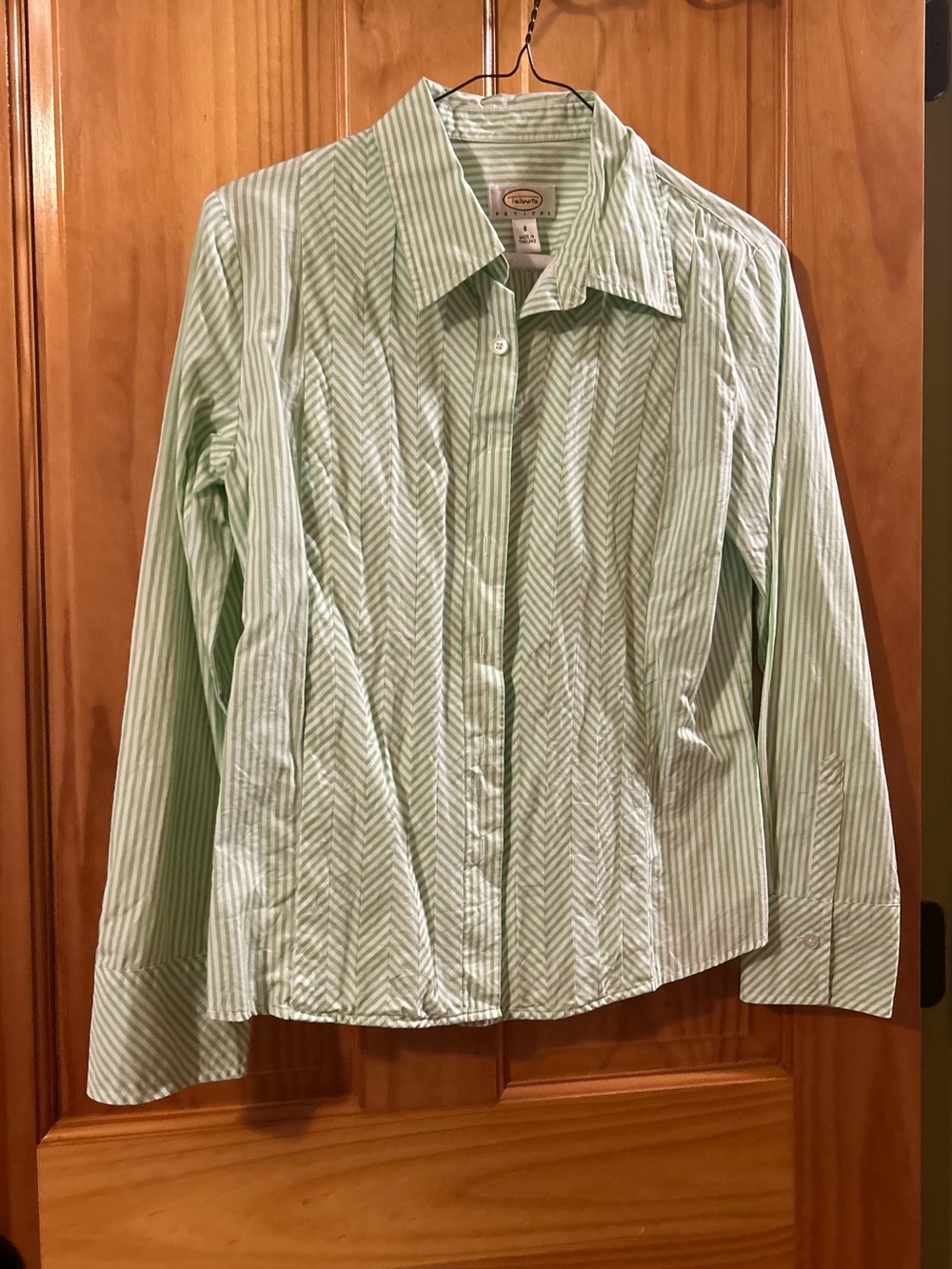 Talbots White and Mint Green Chevron Striped Collared Shirt
